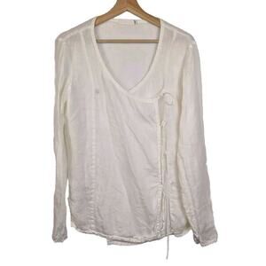 Cut Loose women's Long Sleeve White Linen Top Side Ties‎ Crossover Medium Blouse
